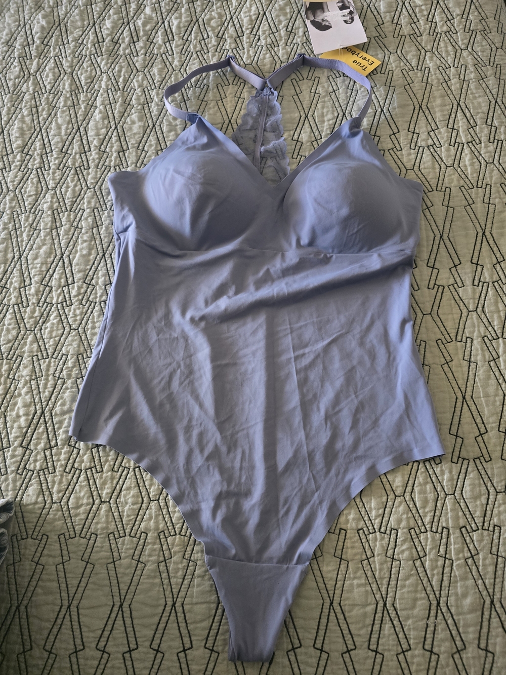 True & Co. Women's V Neck Bra Lace RacerbackLight Blue Lace-Back Bodysuit Top